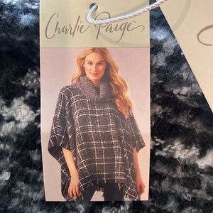 NWT! Charlie Paige Women’s Poncho Cowl Neck Soft Black Gray One Size